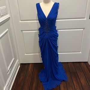 Tadashi Shoji V Neck Pleated Gown w/ Beads, Lapis Blue, size 4, Y2K